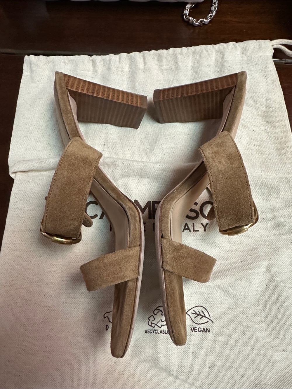 Veronica Beard Tan Suede Mule Sandals with Gold Buckle - Picture 2 of 8